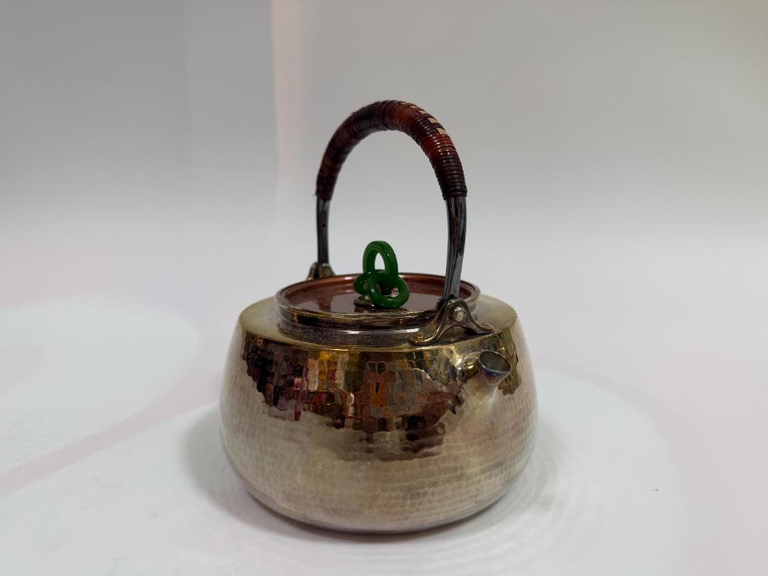 純銀製 鎚目打 丸形 三環摘 湯沸 銀瓶 煎茶道具