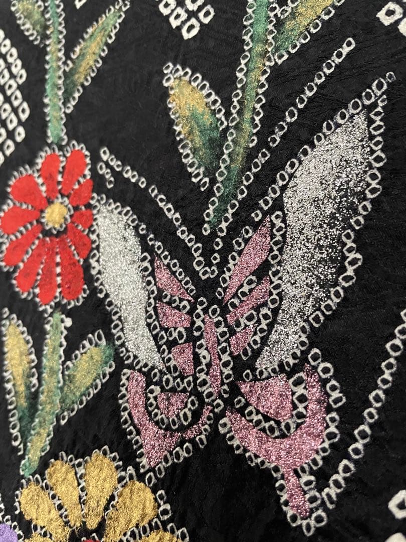 振袖 フルセット 黒総絞り バタフライ カラフル ラメ 新品小物