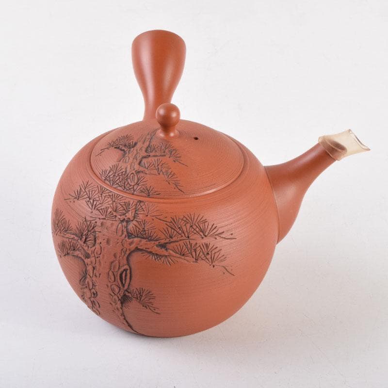 前茶道具　常滑焼　光松作　朱泥　松漢詩刻　横手急須　V　8654