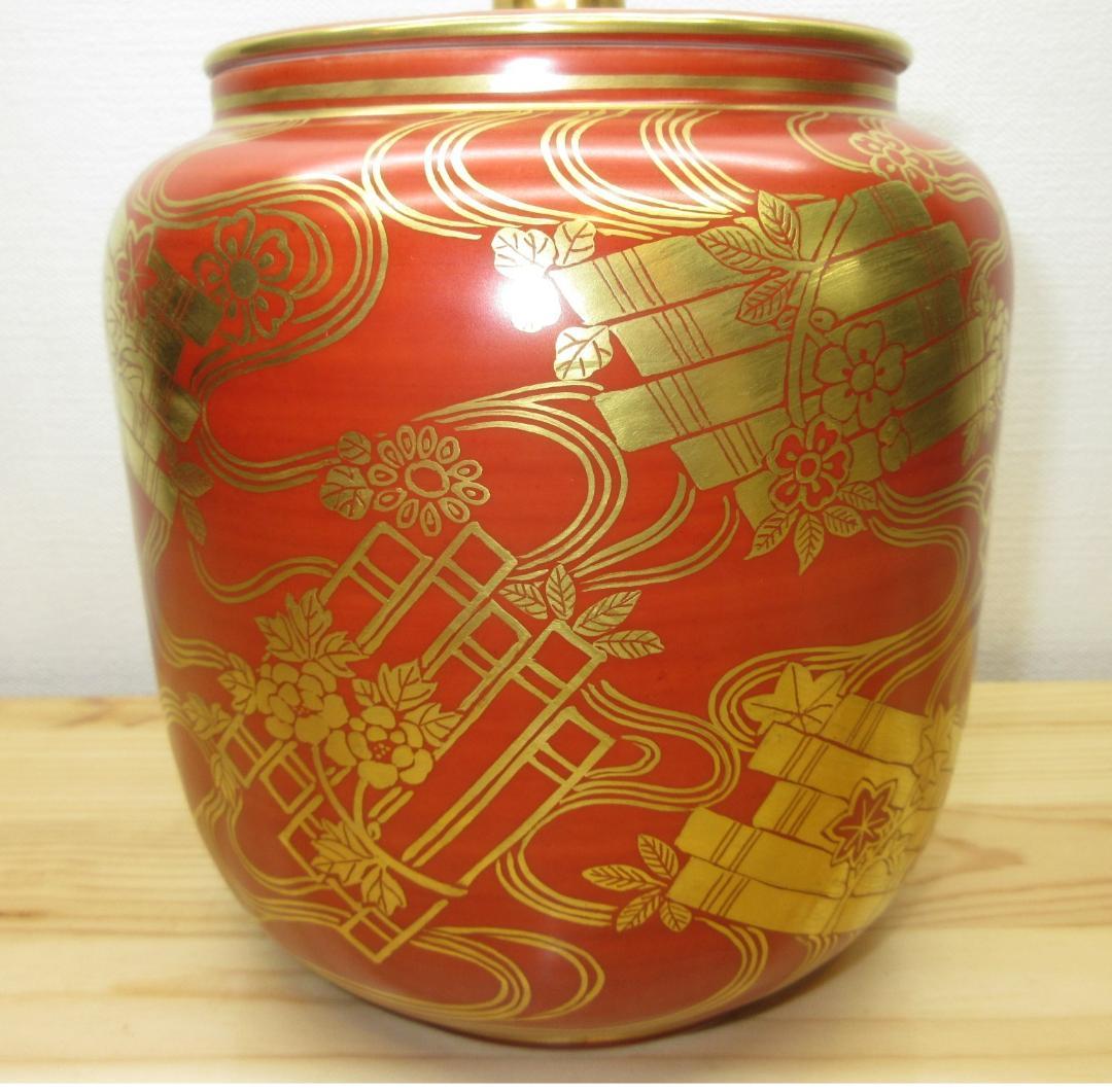 送料込【逢絢亭・新品】茶道具 水指 京焼 朱欄手 花筏の図 五山窯 林淡幽 共箱