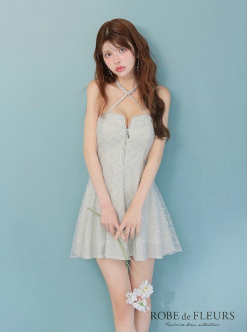 ROBE de FLEURS ビジューホルターラメニットフレアミニキャバドレス
