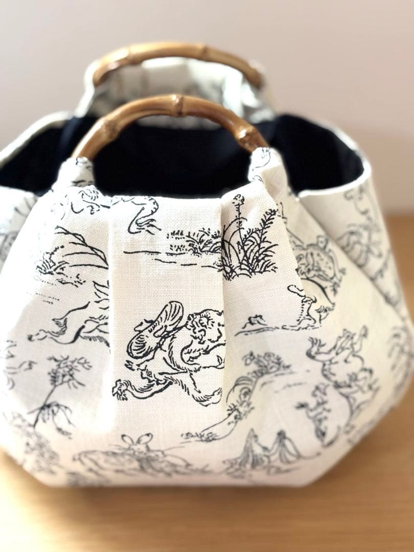 和装バック　着物バック和柄コットン生地・鳥獣戯画（アイボリー）入学卒業結婚式振袖