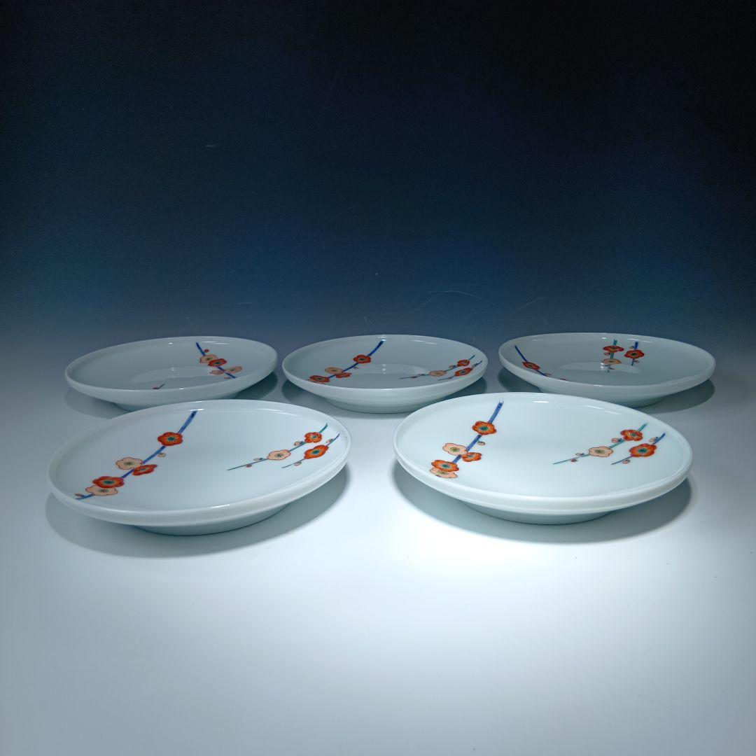 値下げ13代柿右衛門(錦)梅花文皿5枚　共箱　 未使用品　美品