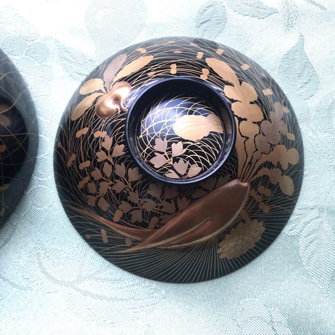 逸品　極上春の七草蒔絵　四方脚付膳　蓋付碗セット　A