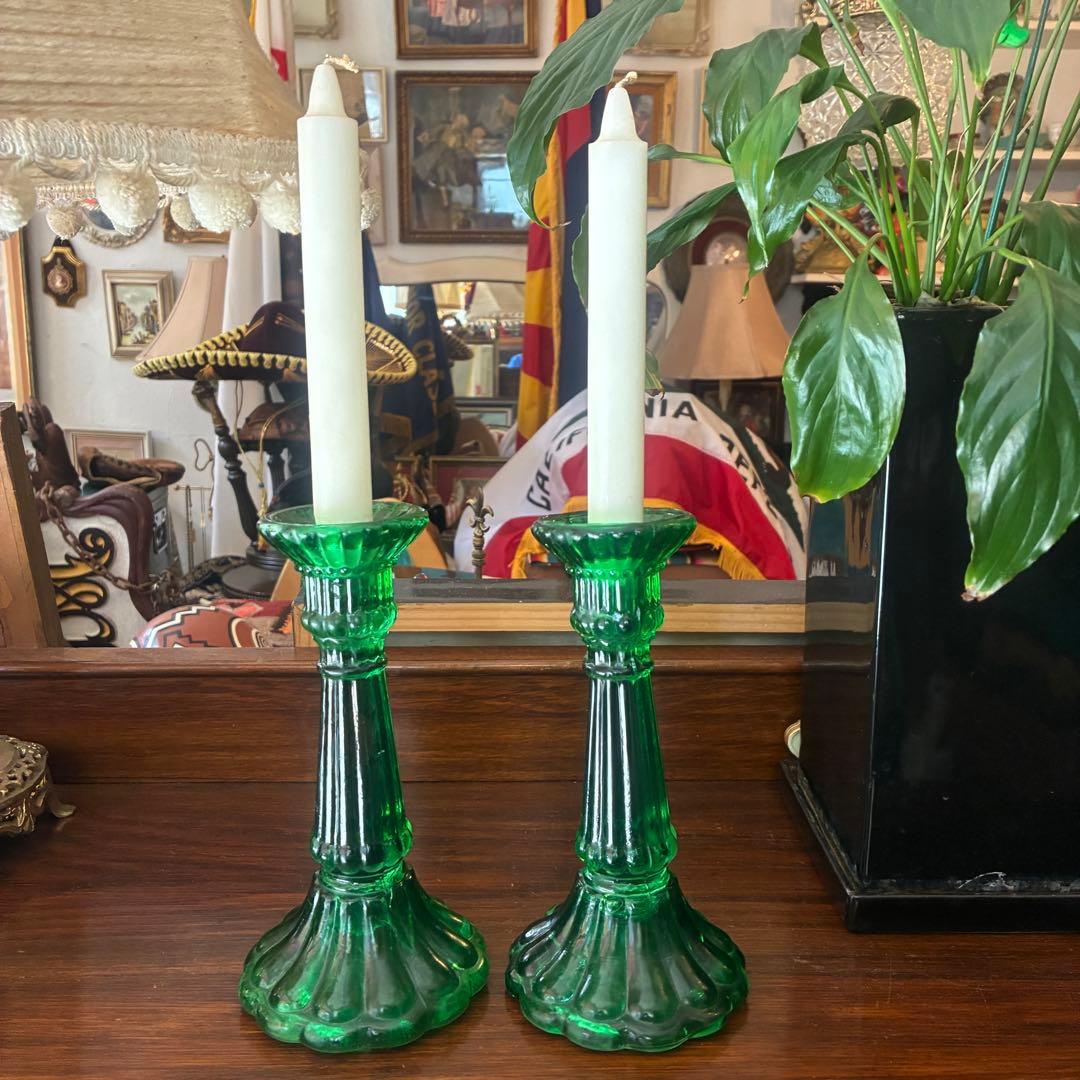 貴重！20's〜30's アメリカアンティーク燭台キャンドル　グリーンガラス2個