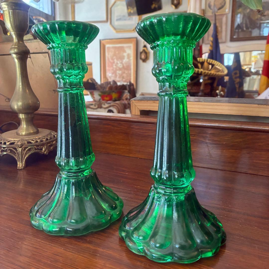 貴重！20's〜30's アメリカアンティーク燭台キャンドル　グリーンガラス2個
