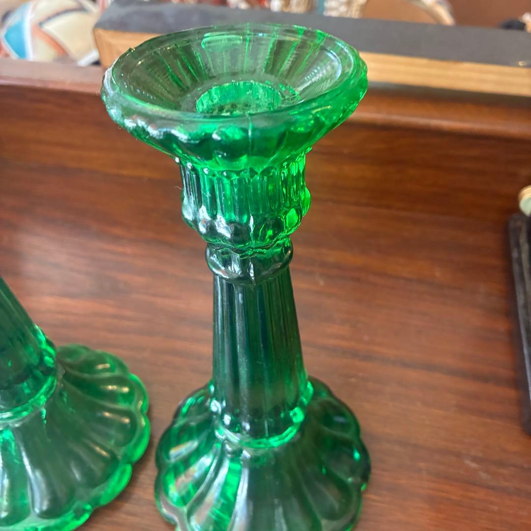 貴重！20's〜30's アメリカアンティーク燭台キャンドル　グリーンガラス2個