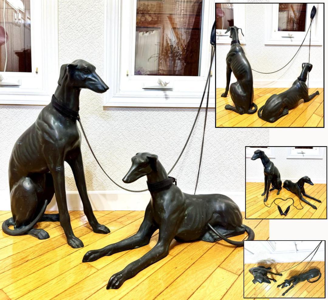 ウィペット犬等身大 緑青 ブロンズ像 彫刻 2体 銅製 時代物 WWST045