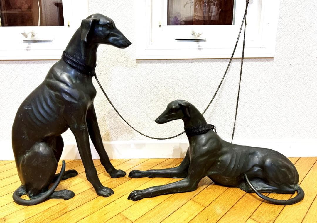 ウィペット犬等身大 緑青 ブロンズ像 彫刻 2体 銅製 時代物 WWST045