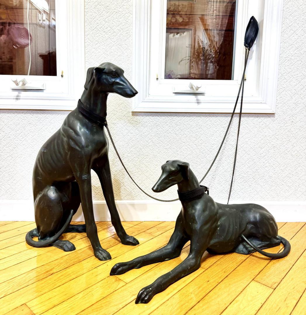 ウィペット犬等身大 緑青 ブロンズ像 彫刻 2体 銅製 時代物 WWST045