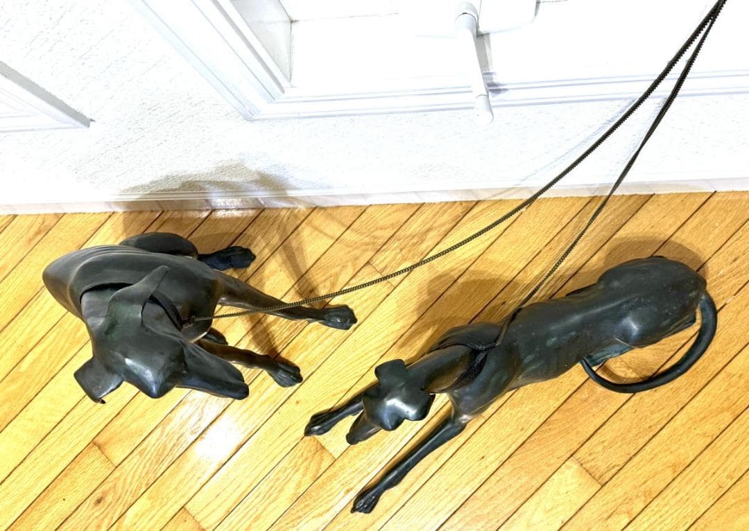 ウィペット犬等身大 緑青 ブロンズ像 彫刻 2体 銅製 時代物 WWST045