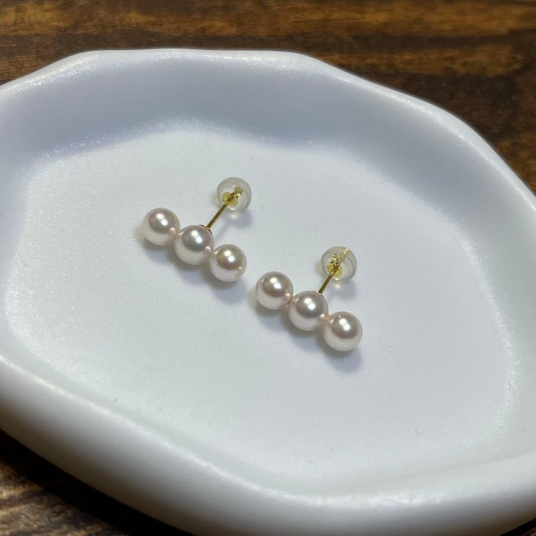 未使用 花珠級 あこや真珠ベビーパール 3連 パールピアス K18 3個並び