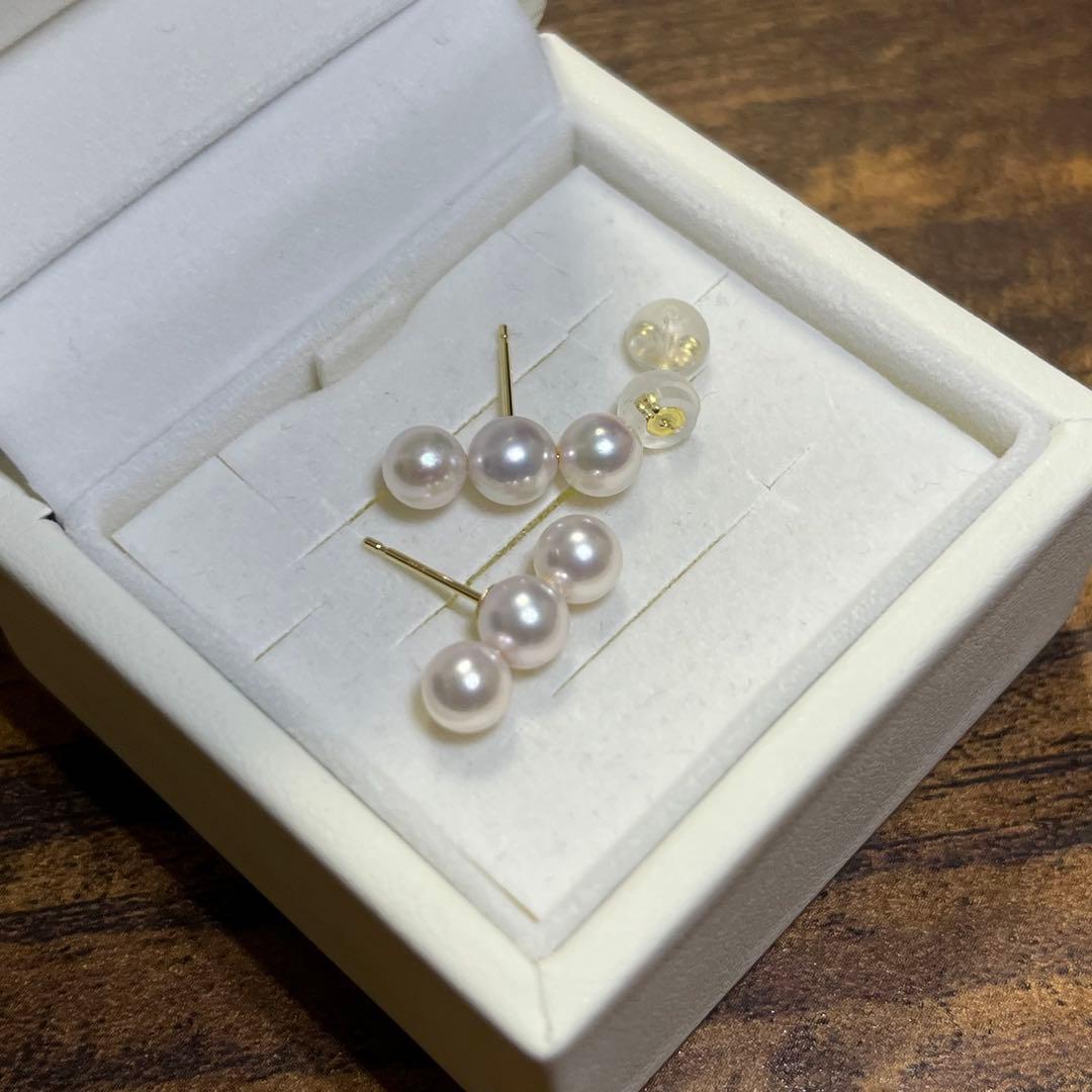 未使用 花珠級 あこや真珠ベビーパール 3連 パールピアス K18 3個並び