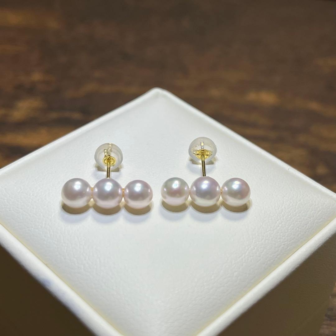 未使用 花珠級 あこや真珠ベビーパール 3連 パールピアス K18 3個並び