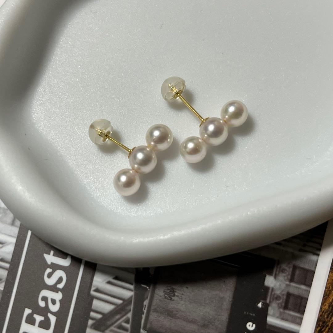 未使用 花珠級 あこや真珠ベビーパール 3連 パールピアス K18 3個並び