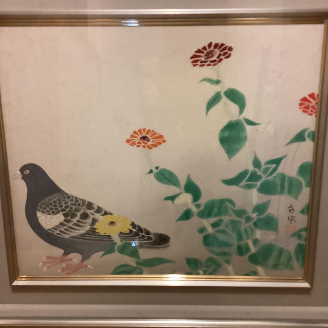 堅山南風　紙本彩色画花鳥図　【灰胡麻鳩之図】額装　共シール　鑑定シール在　478