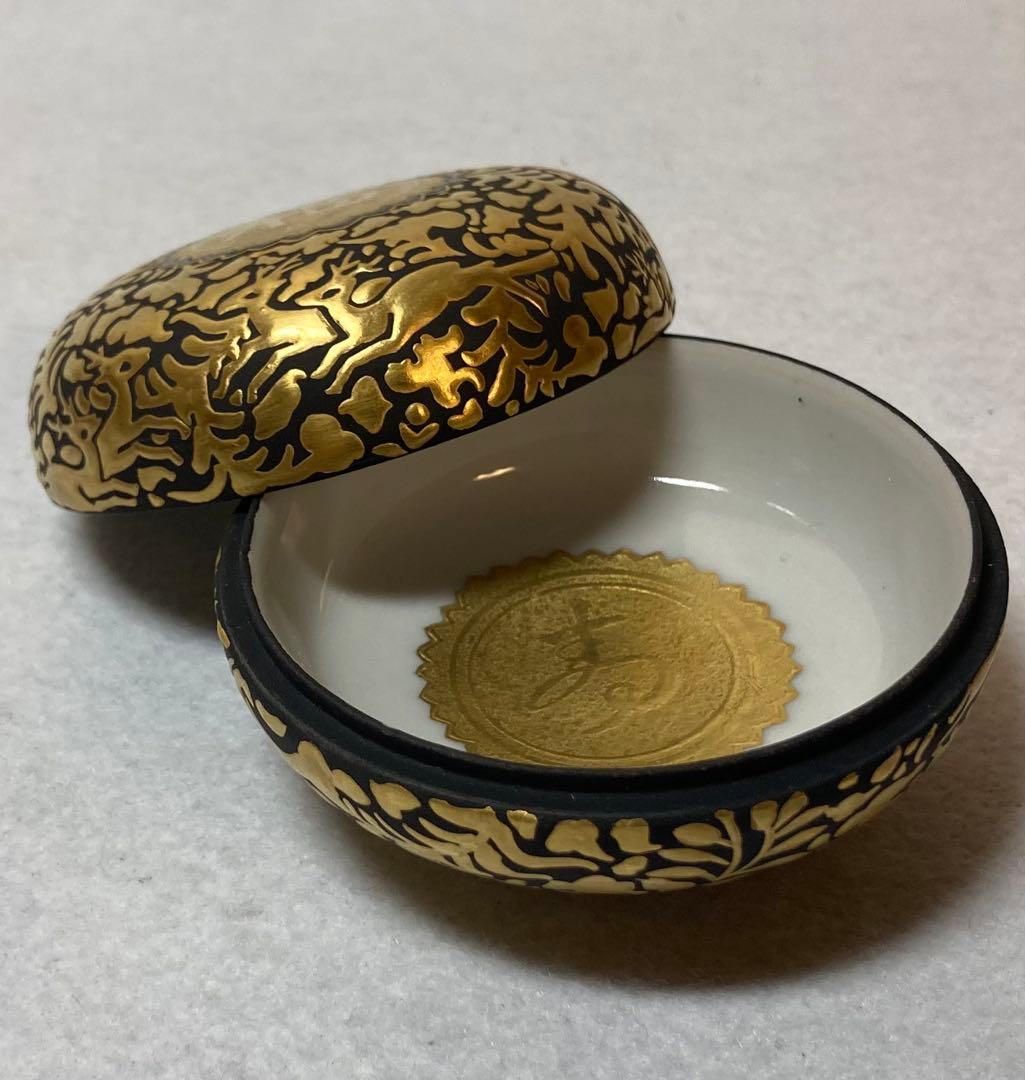 B403h「正倉院 香合」仲田錦玉作　共布共箱　錦芳書　福寿　盛金彩　九谷焼