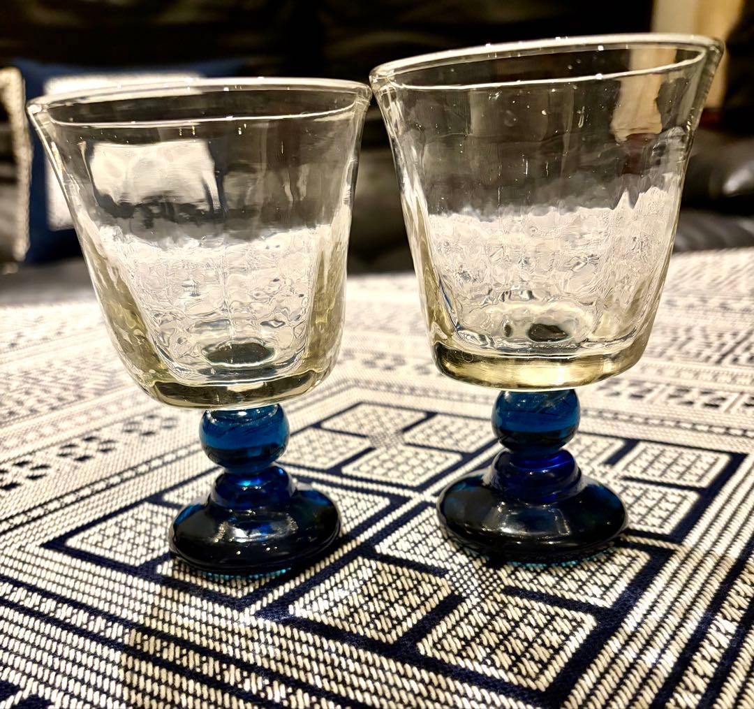 安土天平さん　ゴブレット台青　吹きガラス　2客