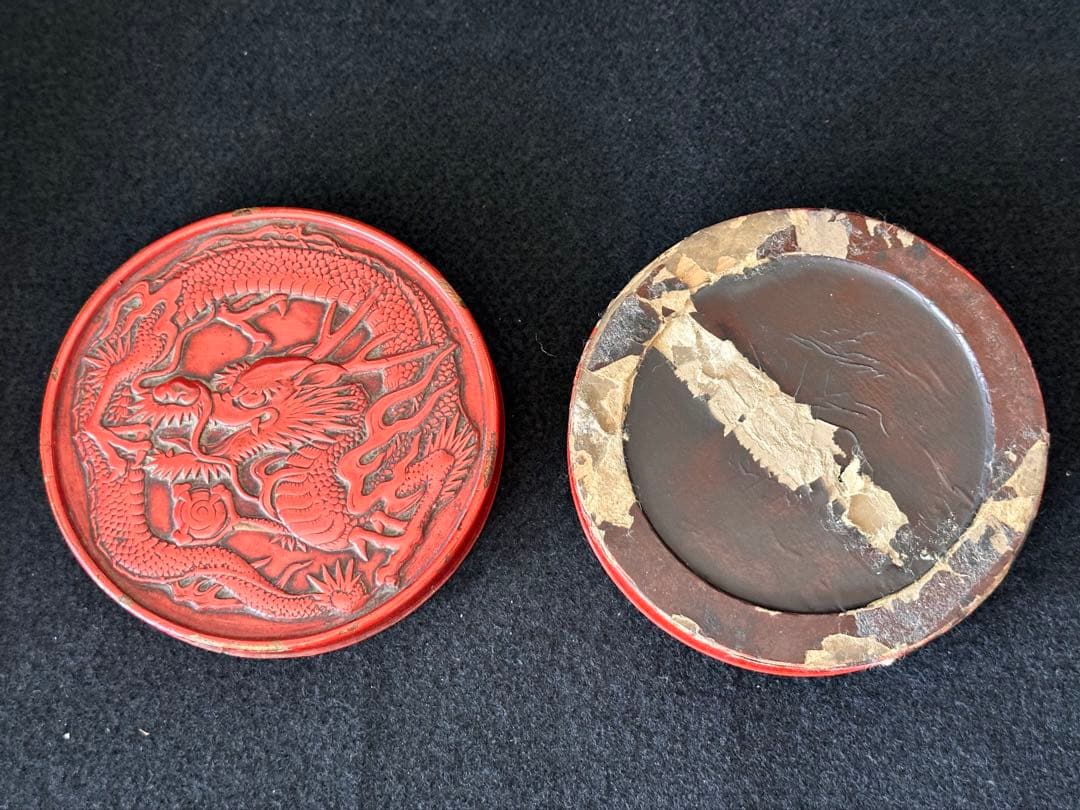 時代　漆芸　堆朱龍図彫印池　時代物　直径11cm中国美術　書道具　印池　漆工芸