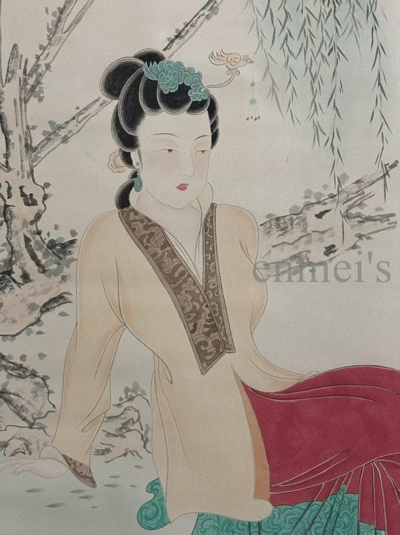 中国古美術・純手描き仕女図掛軸・水彩画・張大千印款・書道品・絹本・肉筆・一物一图