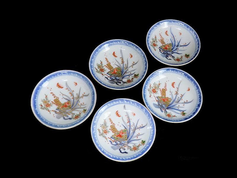 古伊万里　染錦　扇に蘭　蝶に撫子の図　４寸皿　５枚　D756AS-fbjc