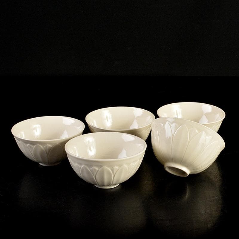 中国　徳化窯白磁　蓮弁刻　煎茶碗　盃　五客　M　8795E