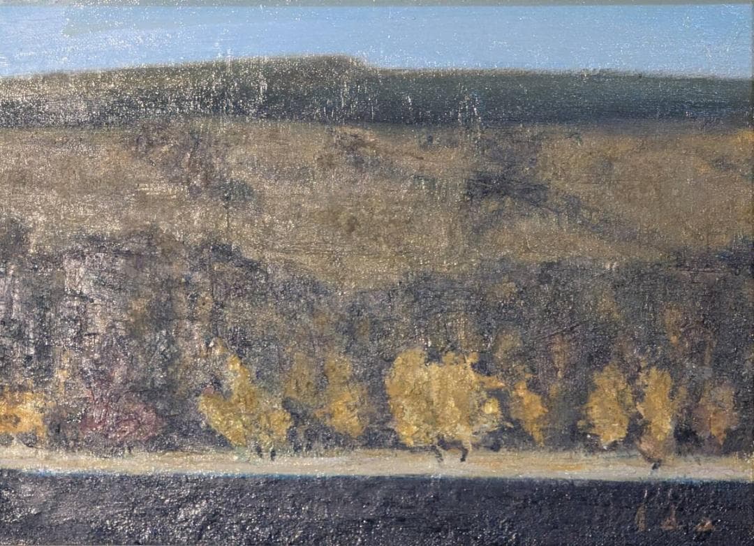 【真作】絵画　井田　油彩4号　晩秋の山湖　黄金の並木　秋の気配　Y135