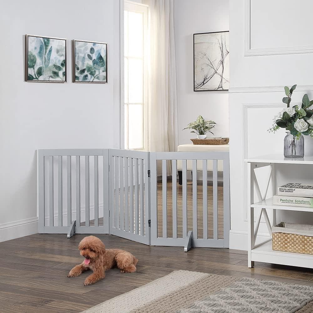 unipaws ペットゲート 置くだけ簡単 木製 折りたたみ式 伸縮可能　グレー