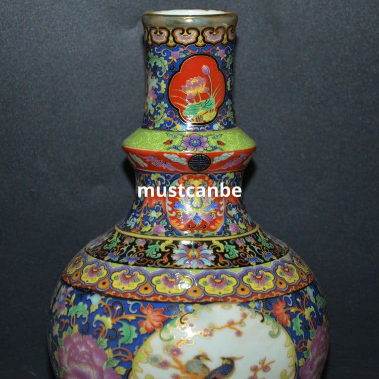 清雍正珐琅彩花鸟文描き金花瓶 景徳鎮 陶磁器 装飾品 現代工芸品 美術品 置物
