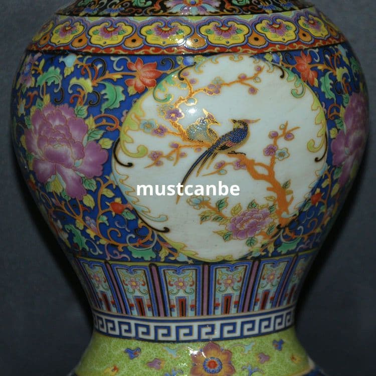 清雍正珐琅彩花鸟文描き金花瓶 景徳鎮 陶磁器 装飾品 現代工芸品 美術品 置物