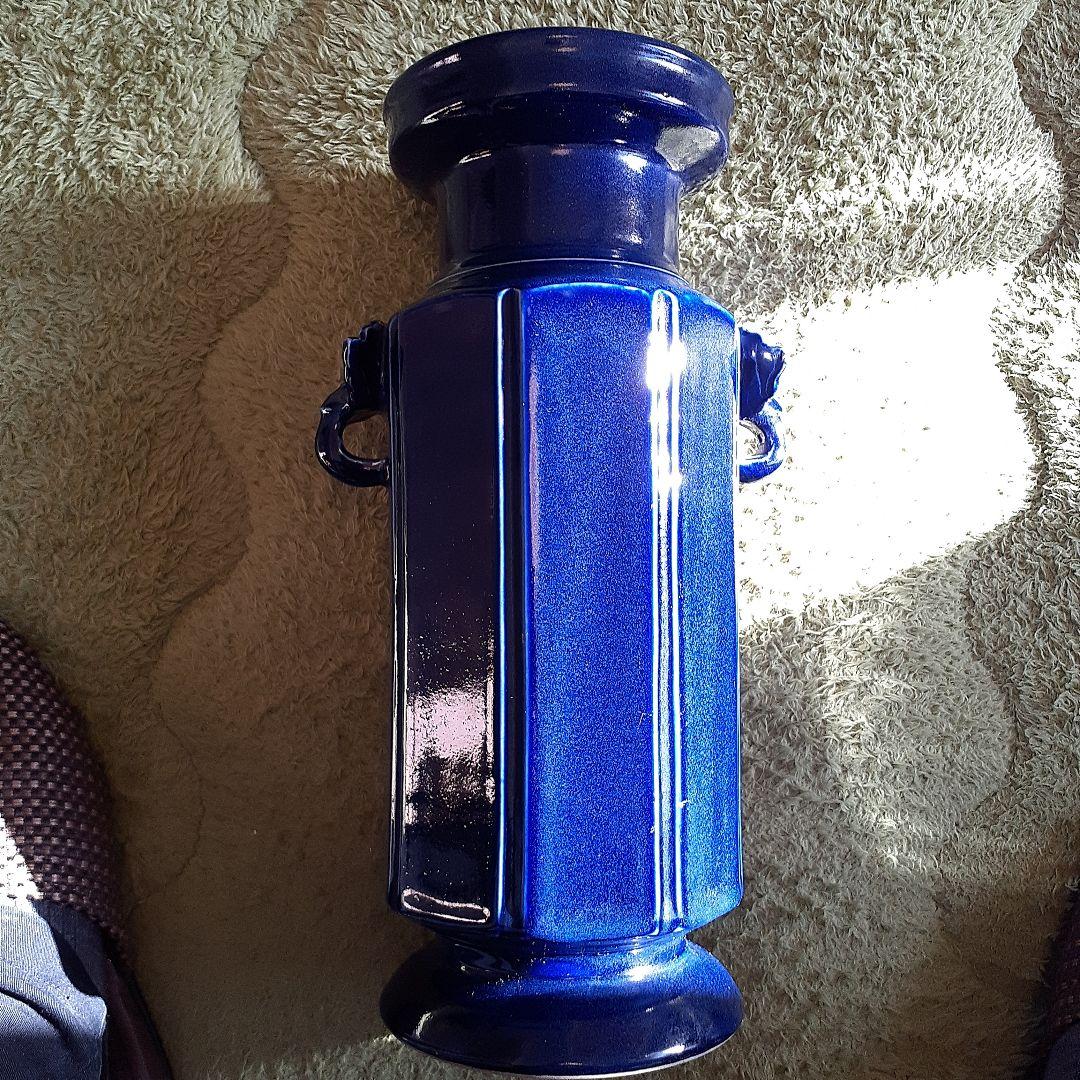 清朝瑠璃8面取り蜻蛉耳付き花入れ