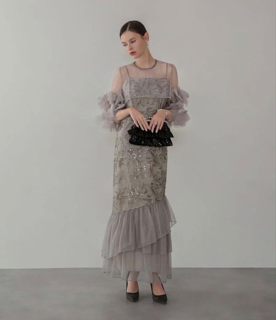 Leja フラワースパンコールチュールフリルスリーブIラインワンピースドレス