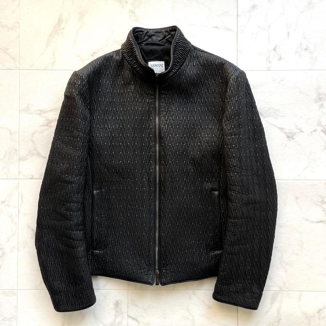 美品 アルマーニコレツィオーニ キルティング ラムレザー ブルゾン 黒 48