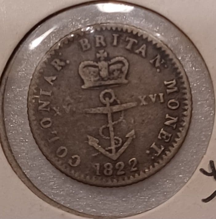 1822年(203年前)イギリス領西インド 1/16ドル銀貨 錨の上の王冠の銀貨