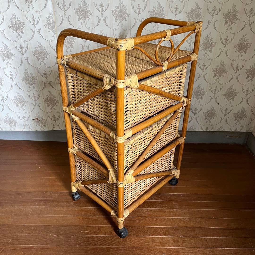 【アンティーク】籐 ラタン キャスター付き ランドリーラック 3段チェスト
