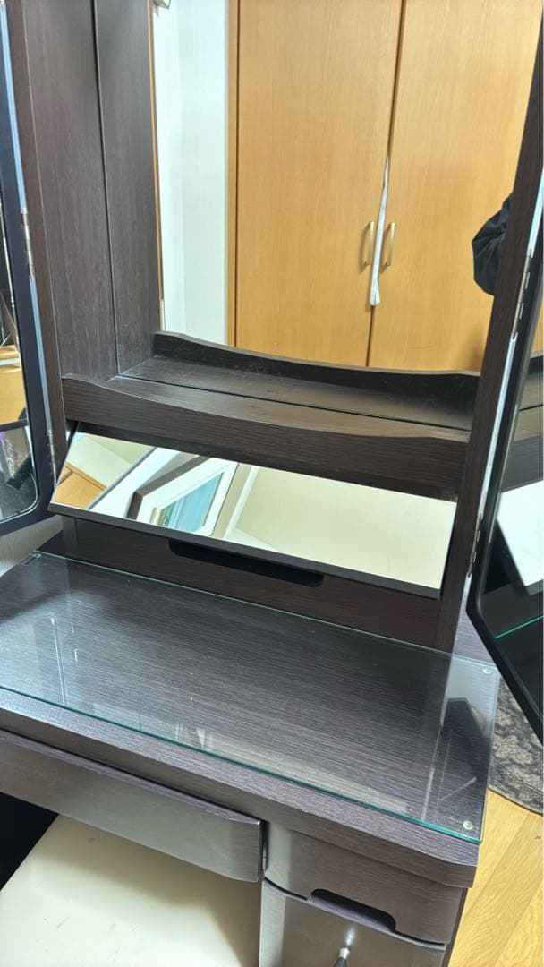 ダークブラウン ドレッサー・鏡台 三面鏡付き