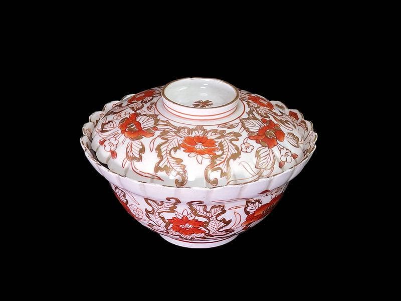 古伊万里　金襴手　輪花　花に柘榴の図　蓋付き深鉢　菓子鉢　E866AS-COk