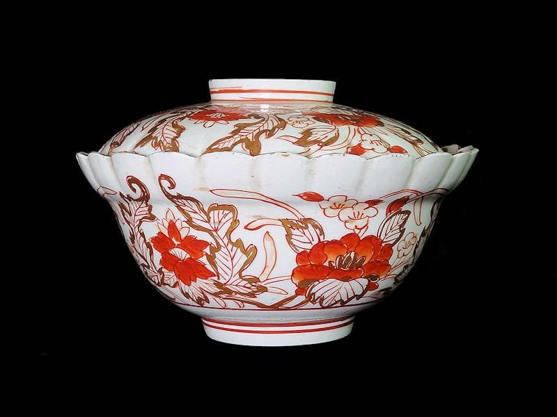 古伊万里　金襴手　輪花　花に柘榴の図　蓋付き深鉢　菓子鉢　E866AS-COk