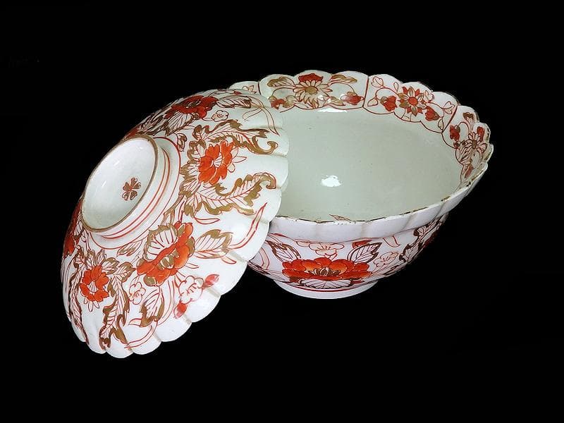 古伊万里　金襴手　輪花　花に柘榴の図　蓋付き深鉢　菓子鉢　E866AS-COk