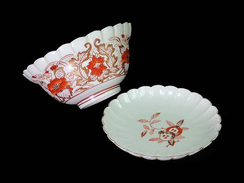 古伊万里　金襴手　輪花　花に柘榴の図　蓋付き深鉢　菓子鉢　E866AS-COk