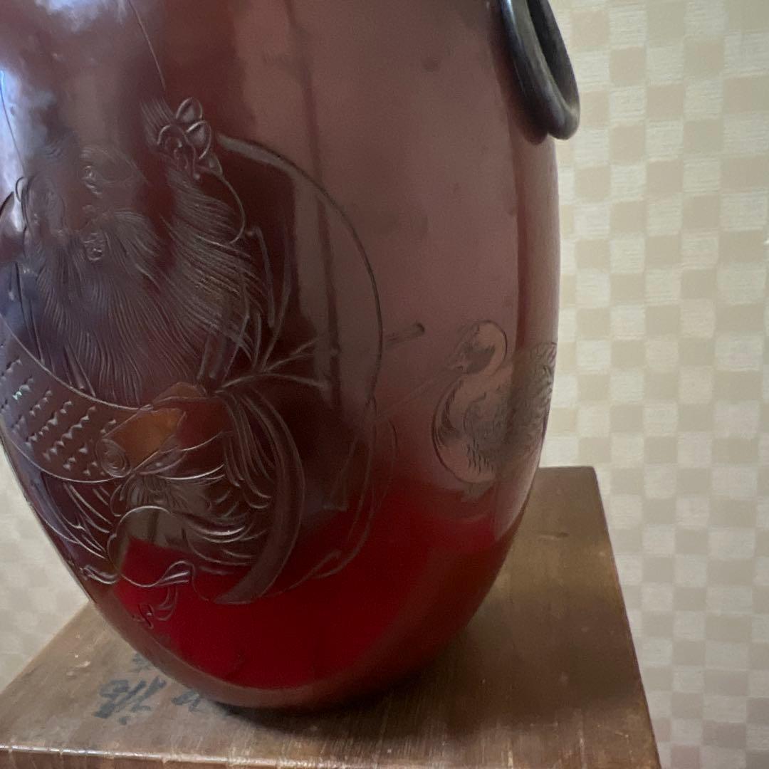 初代玉川堂　福禄寿片切彫　鎚起銅製花瓶　供箱