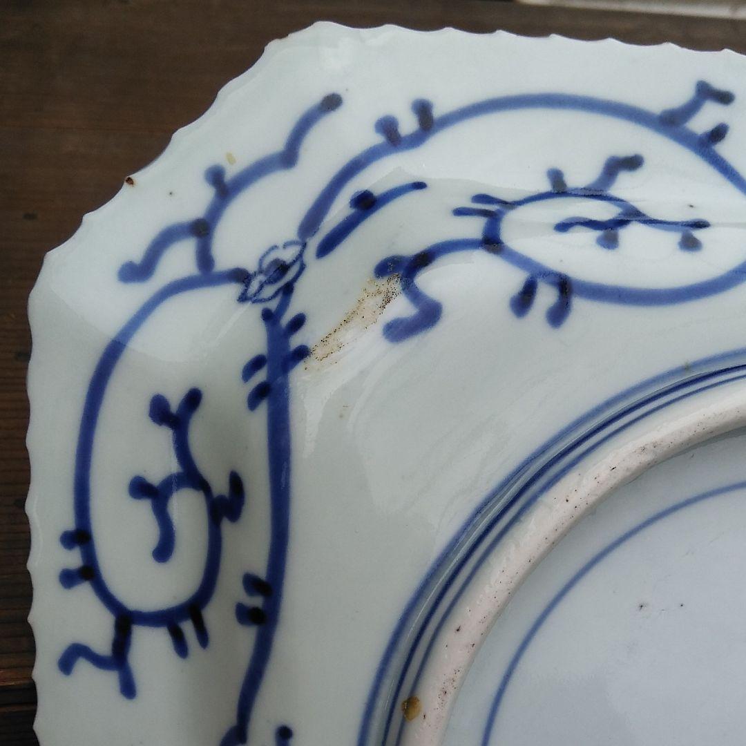 古伊万里線描菊花紋隅切り角皿