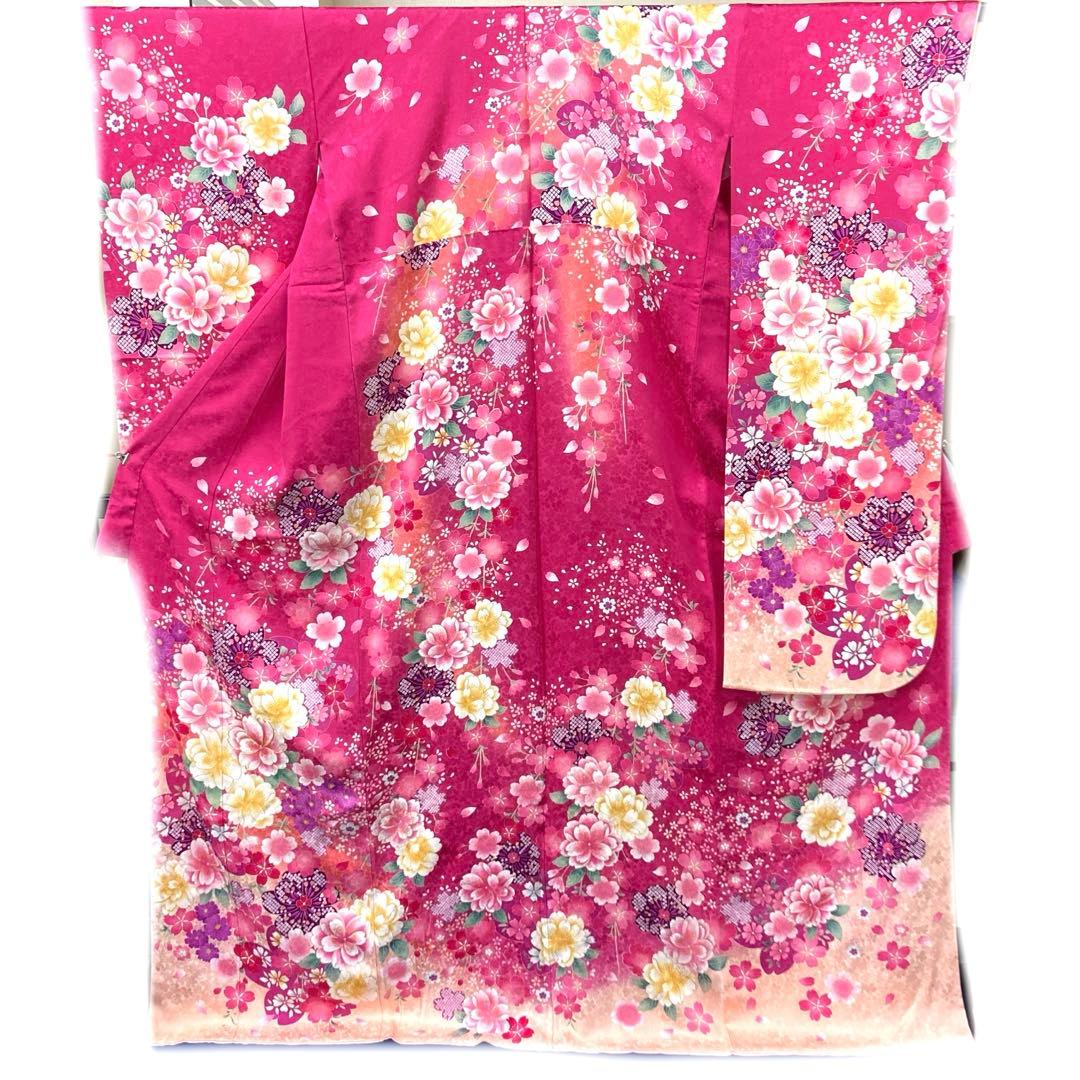☆中古品☆振袖　単品　正絹　ピンク系花模様Ｂ級品ヤケ・汚れ有り振袖