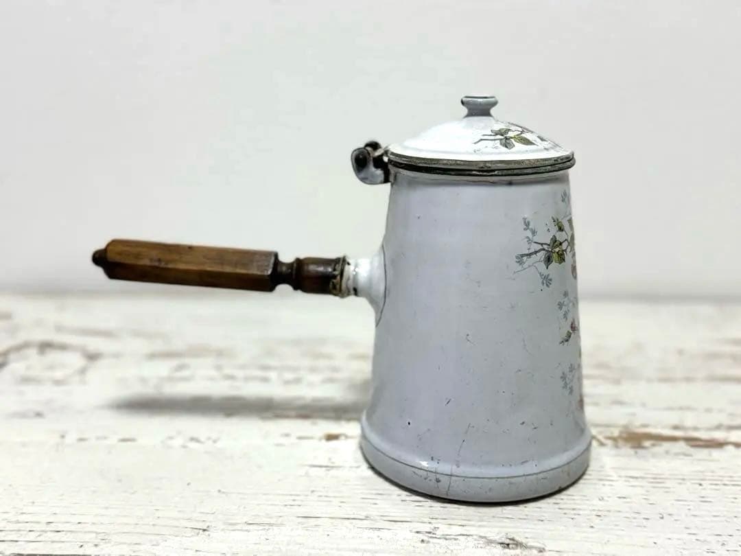 フランスアンティーク BB社 エナメル ホーローポット 薔薇柄 ショコラティエ