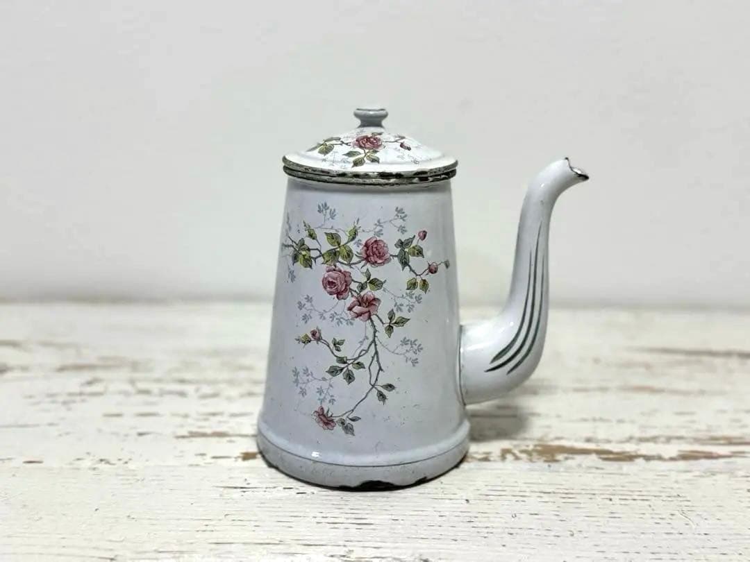 フランスアンティーク BB社 エナメル ホーローポット 薔薇柄 ショコラティエ