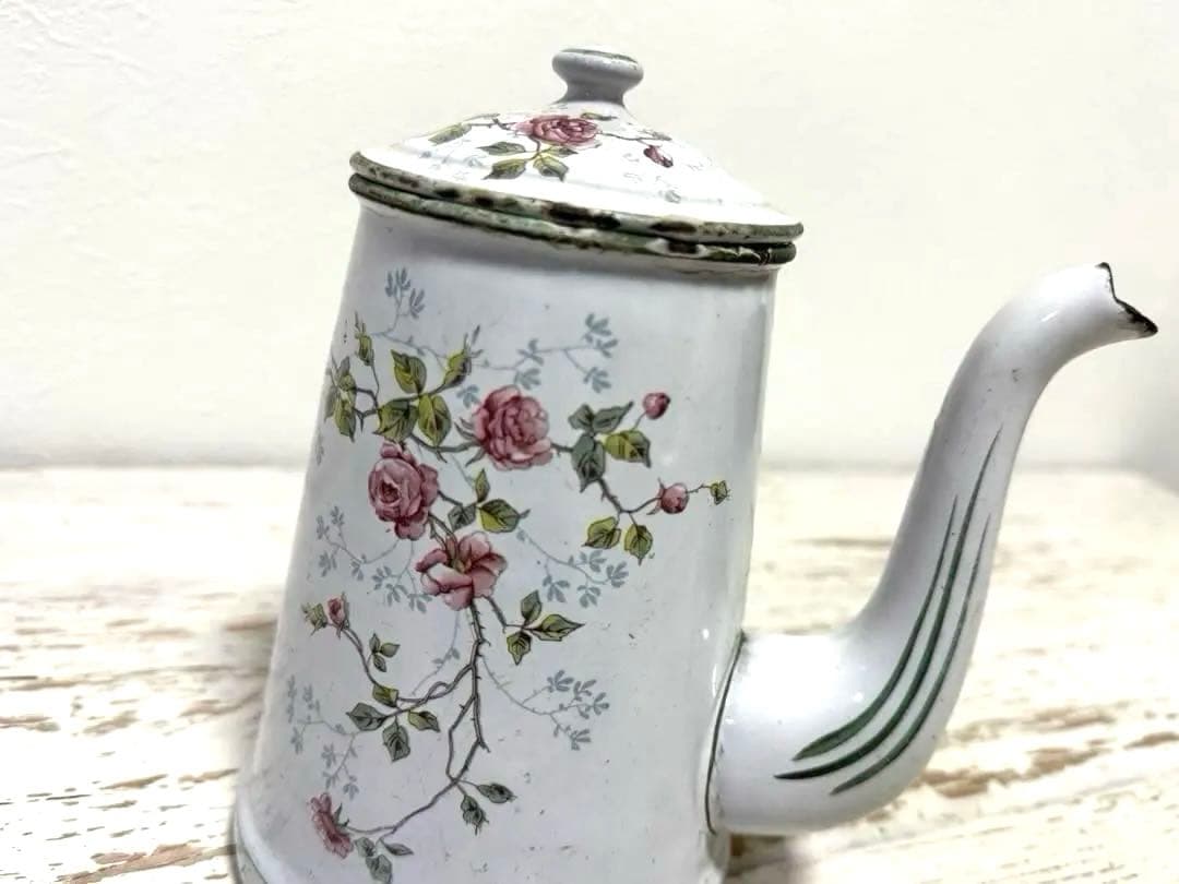 フランスアンティーク BB社 エナメル ホーローポット 薔薇柄 ショコラティエ