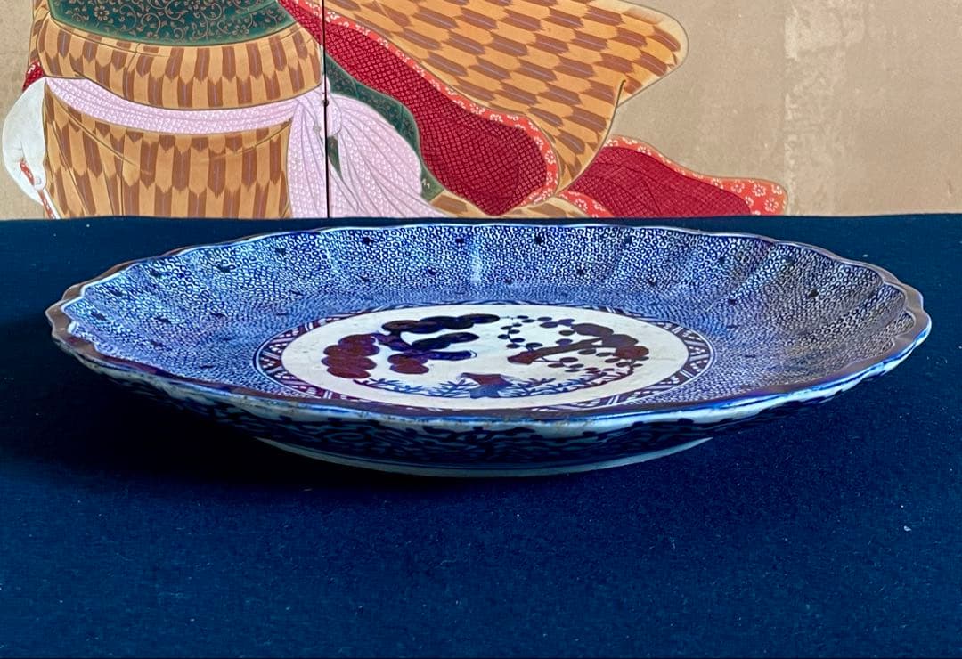 『母』 古伊万里 染付 印判 みじん唐草 尺4寸 大皿 （708D②）