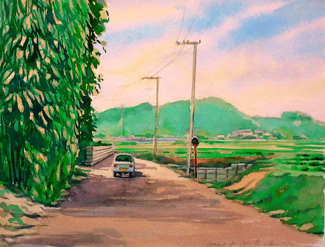 水彩画 風景画 緑色と青色のトーン 額装済み F6サイズ