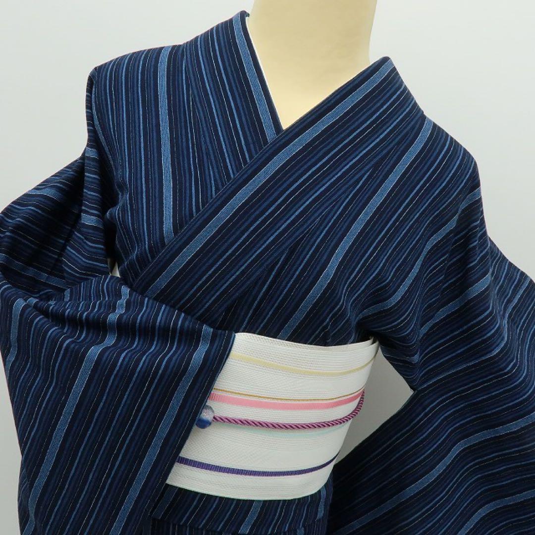 美品 綿 縦縞 しじら織 浴衣 洗える夏着物 着物 A3340