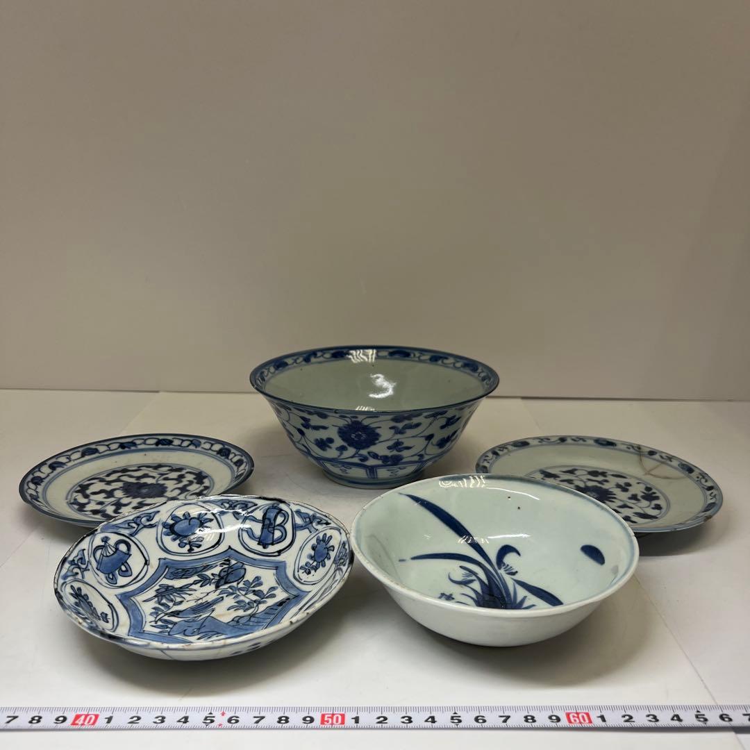 中国明末清朝時代　青草鉢、皿色々　口径約14~18㎝　東Y7-1030②トヒサ